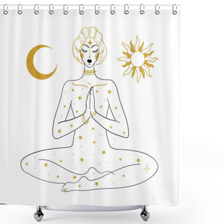 Personality  The Woman Is Meditating, Against The Background Of The Sun, The Moon And The Stars. Linear Drawing, Concept Of Peace Of Mind, Relaxation, Mental Health, Esotericism And Witchcraft. Vector Boho Tattoo Isolated On White Background Shower Curtains