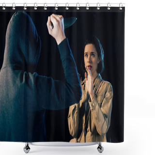 Personality  Partial View Of Criminal Attacking Woman With Knife Isolated On Black Shower Curtains
