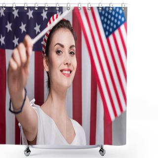 Personality  Woman Holding American Flag Shower Curtains