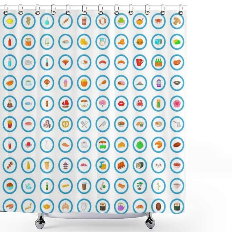 Personality  100 Sushi Bar Icons Set, Cartoon Style Shower Curtains