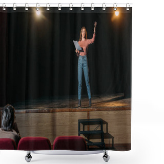 Personality  Selective Focus Of Stage Director And Actress Reading Scenario In Theater  Shower Curtains