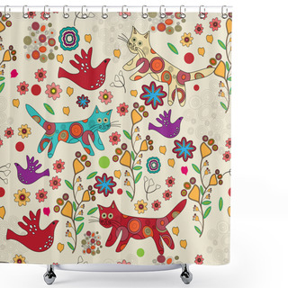 Personality  Vector Folk Background With Cats. Shower Curtains