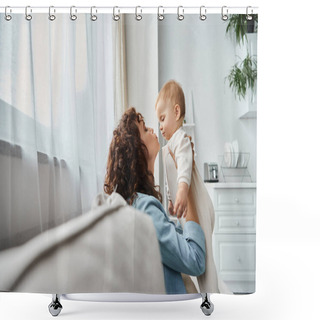 Personality  Side View Of Loving Mother Holding Cute Toddle Daughter On Couch In Living Room, Quality Time Shower Curtains