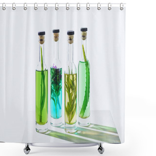 Personality  Four Bottles Of Natural Herbal Essential Colored Oils On White Cube Shower Curtains