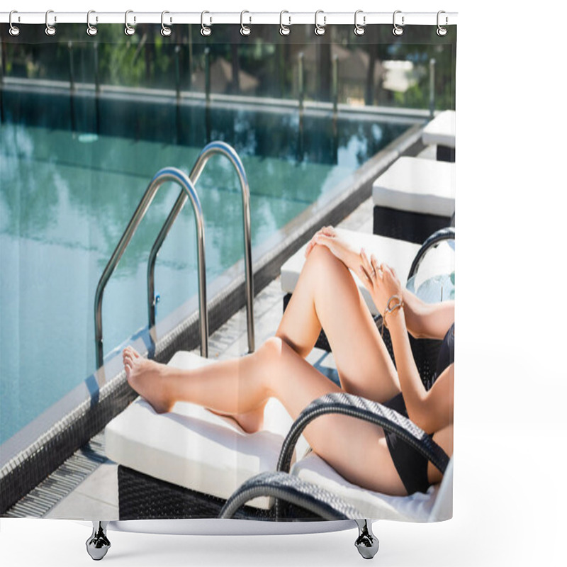 Personality   Partial View Of Woman In Swimming Suit Lying On Sun Bed Near Swimming Pool Shower Curtains