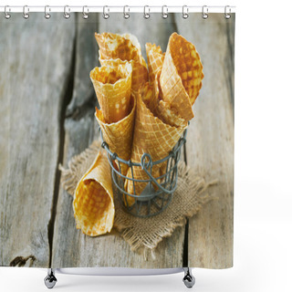 Personality  Waffle Cone On Wooden Surface Shower Curtains