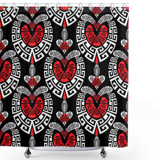 Personality  Love Hearts Ornamental Greek Seamless Pattern. Modern Black White Red Ethnic Style Patterned Background. Repeat Romantic Backdrop. Tribal Geometric Design With Paisley Flowers, Shapes, Greek Meanders Shower Curtains