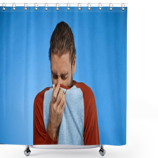 Personality  Young Man Covering Nose With Shirt While Feeling Unpleasant Smell On Blue Shower Curtains