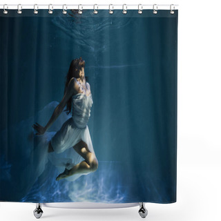 Personality  Lighting On Young Graceful Woman In White Elegant Dress Swimming In Pool With Blue Water  Shower Curtains
