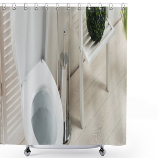 Personality  Interior Of White Modern Bathroom With Toilet Bowl Near Folding Screen, Toilet Brush, Rack And Plants, Panoramic Shot Shower Curtains