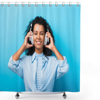 Personality  Happy African American Woman Listening Music In Headphones On Blue Shower Curtains