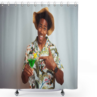 Personality  Afro Man On Holidays Wearing Summer Hat Drinking Cocktail Over Isolated White Background Very Happy Pointing With Hand And Finger Shower Curtains