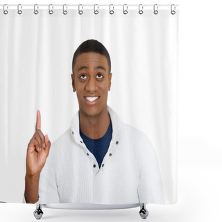 Personality  Man Pointing Up Looking At Something Above Showing With Index Finger Shower Curtains