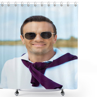 Personality  Portrait Of Smiling Man In Sunglasses Looking At Camera With River On Background Shower Curtains