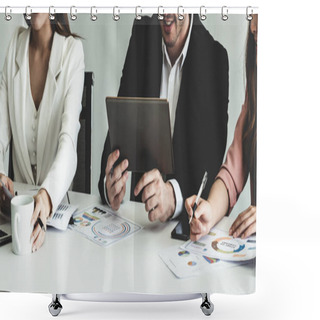 Personality  Businessman Is In Meeting Discussion With Colleague Businesswomen In Modern Workplace Office. People Corporate Business Team Concept. Shower Curtains