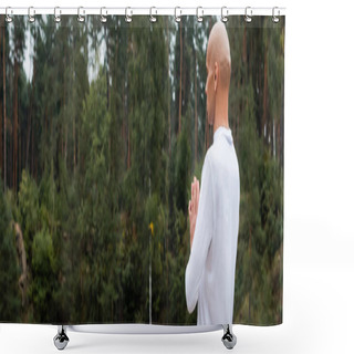 Personality  Buddhist In White Sweatshirt Meditating With Praying Hands In Forest, Banner Shower Curtains