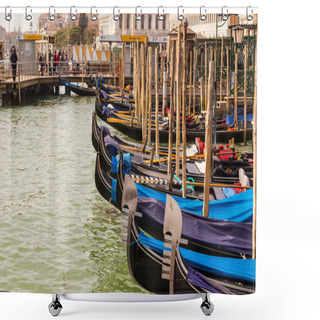 Personality  VENICE, ITALY - 14TH MARCH 2015: Gondolas Docked At The Harbour Front Along Riva Degli Schiavoni In Venice During The Day. Shower Curtains