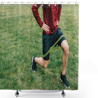 Personality  Cropped View Of Sportsman Doing Lunges With Elastics Band In Park  Shower Curtains