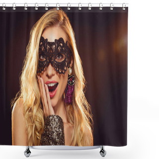 Personality  Attractive Surprised Girl In Carnival Mask Looking At Camera Shower Curtains