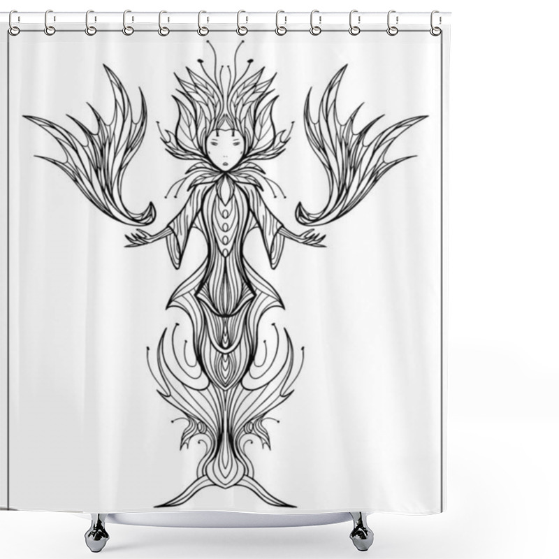 Personality  Fantasy Character, Little Flower Fairy, Cute, With Big Leaves And A Antennae On Her Head, With Small Eyes, In Dress, Standing On Beautiful Stand With Small Legs, Creating New Magic, With Smooth Lines. Shower Curtains