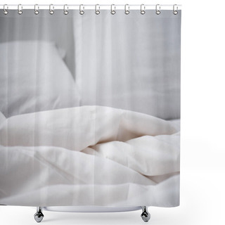 Personality  Selective Focus Of Empty Bed With White Blanket And Pillow Shower Curtains