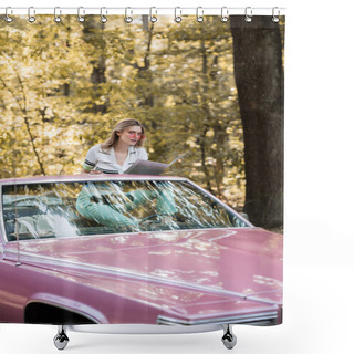 Personality  Young Woman Sitting In Cabriolet And Looking At Map In Forest Shower Curtains
