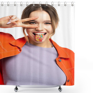 Personality  Young Woman Sticking Out Tongue With Tasty Sprinkles And Showing Peace Sign Isolated On White  Shower Curtains