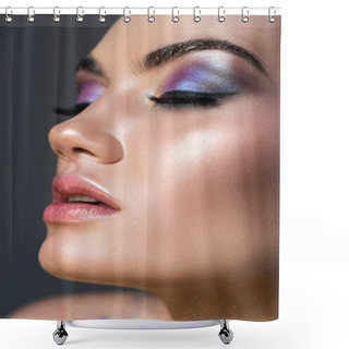 Personality  Sensual Young Woman With Closed Eyes And Glitter Eyeshadows, Isolated On Grey Shower Curtains