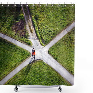 Personality  Young Couple Walking On The Road In The Mountains Shower Curtains