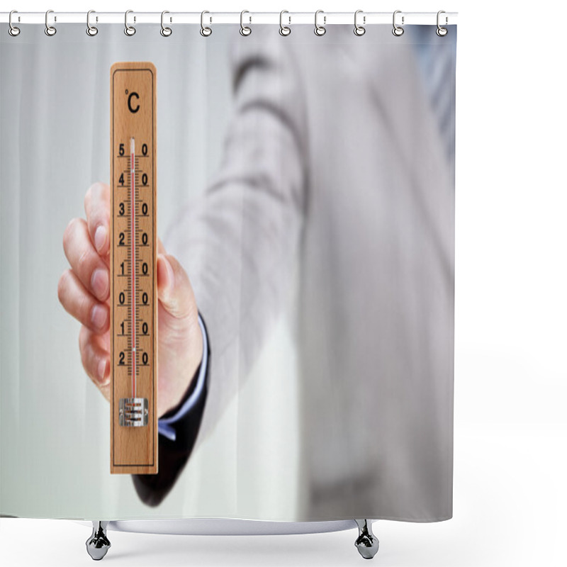 Personality  Businessman holding thermometer reading high temperature shower curtains