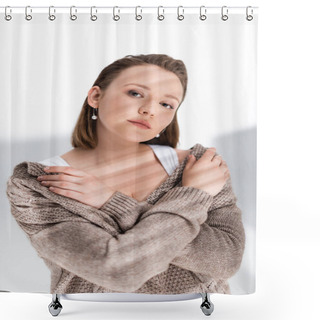 Personality  Beautiful, Confident Overweight Girl In Grey Sweater Hugging Herself And Looking At Camera On White With Sunlight And Shadows Shower Curtains