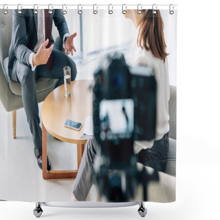 Personality  Selective Focus Of Businessman In Formal Wear Talking With Journalist  Shower Curtains