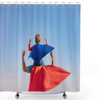 Personality  Superhero Senior Man And Child Playing Outdoor. Super Hero Grandfather And Boy Having Fun Together Against Blue Summer Sky Background. Family Holiday Concept. Happy Father's Day. Rear View Portrait Shower Curtains