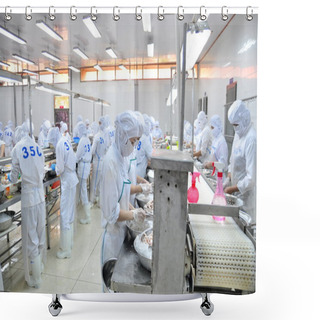Personality  Vung Tau, Vietnam - December 9, 2014: Workers Are Classifying Octopus For Exporting In A Seafood Processing Factory Shower Curtains