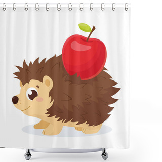 Personality  Cute Little Hedgehog Vector. Adorable Cartoon Brown Hedgehog With A Red Apple. Shower Curtains