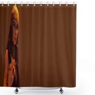 Personality  Stylish Woman In Egyptian Costume And Headdress Posing On Brown Background, Banner Shower Curtains