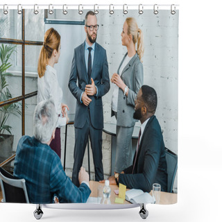 Personality  Handsome Businessman In Formal Wear Talking Near Multicultural Coworkers And Pregnant Blonde Woman  Shower Curtains