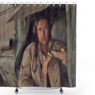 Personality  Close-up Portrait Of A Mechanic In Uniform And Flying Near, Standing Under An Old Bomber Airplane In The Open Air Museum. Shower Curtains