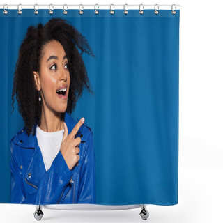 Personality  Happy African American Woman With Open Mouth Pointing With Finger Aside Isolated On Blue Shower Curtains