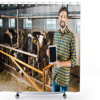 Personality  Handsome Smiling Farmer Showing Tablet With Blank Screen In Stable With Cows Shower Curtains