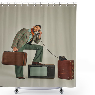 Personality  Trendy Man Holding Suitcase And Talking On Corded Phone Near Vintage Tv Set On Grey, Retro Lifestyle Shower Curtains
