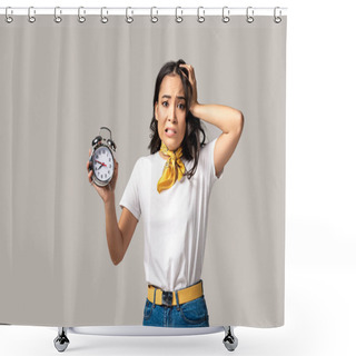 Personality  Shocked Young Asian Woman Showing Alarm Clock And Holding Hand On Head Isolated In Grey  Shower Curtains