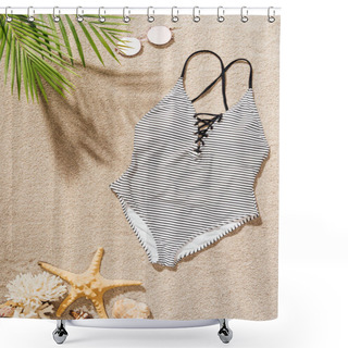 Personality  Top View Of Stylish Swimsuit With Sunglasses Lying On Sandy Beach Shower Curtains