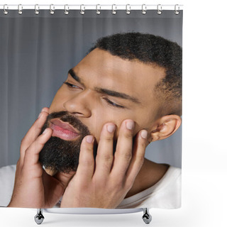 Personality  Handsome Young Man In White T-shirt Tending To His Beard. Shower Curtains