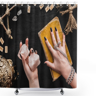 Personality  Top View Of Witch Holding Crystals And Touching Aged Book Of Dark Magic Near Voodoo Doll And Runes On Black  Shower Curtains