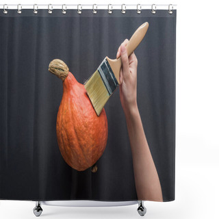 Personality  Partial View Of Woman Holding Paintbrush Near Pumpkin On Black Background Shower Curtains