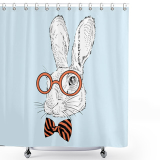 Personality  Portrait Of Bunny In Pink Glasses And Bow Shower Curtains
