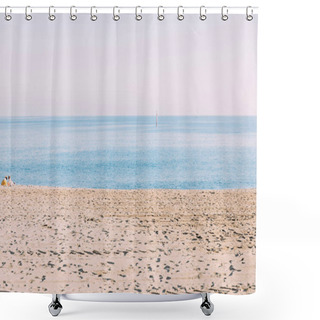 Personality  BARCELONA, SPAIN - DECEMBER 28, 2018: Scenic View Of Calm Sea And Sand Beach Shower Curtains