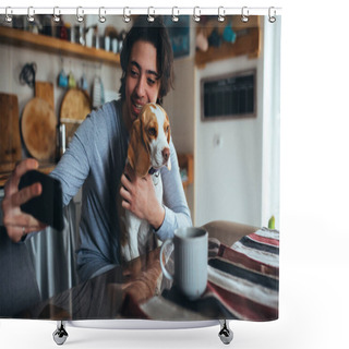 Personality  Young Man With His Dog Taking Picture In Kitchen At Home, Morning Scene Shower Curtains
