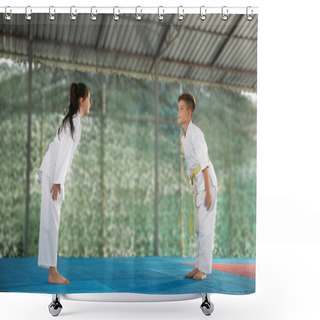 Personality  Children In Kimono Performing Ritual Bow Before Karate Practice At Outdoor Gym Shower Curtains